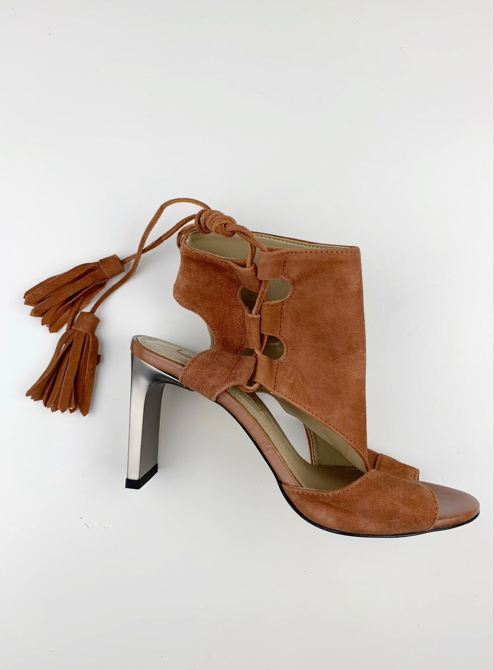BCBGMaxAzria Brown Suede Heels Booties Open Toe Tassel Lace Up Women's 36 US 6